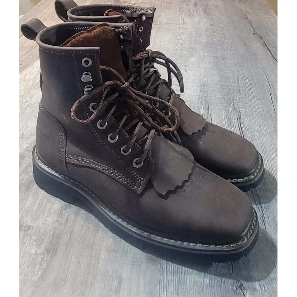 Cody James C8MR2 Men Bark Brown Leather Lace Up Square Soft Toe Kiltie Boots 9 D
